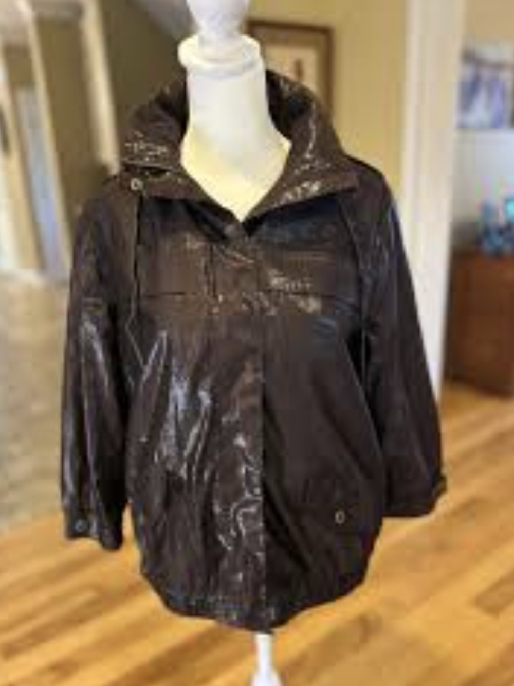 Chico's Shiny Dark Brown Hooded Bomber Jacket